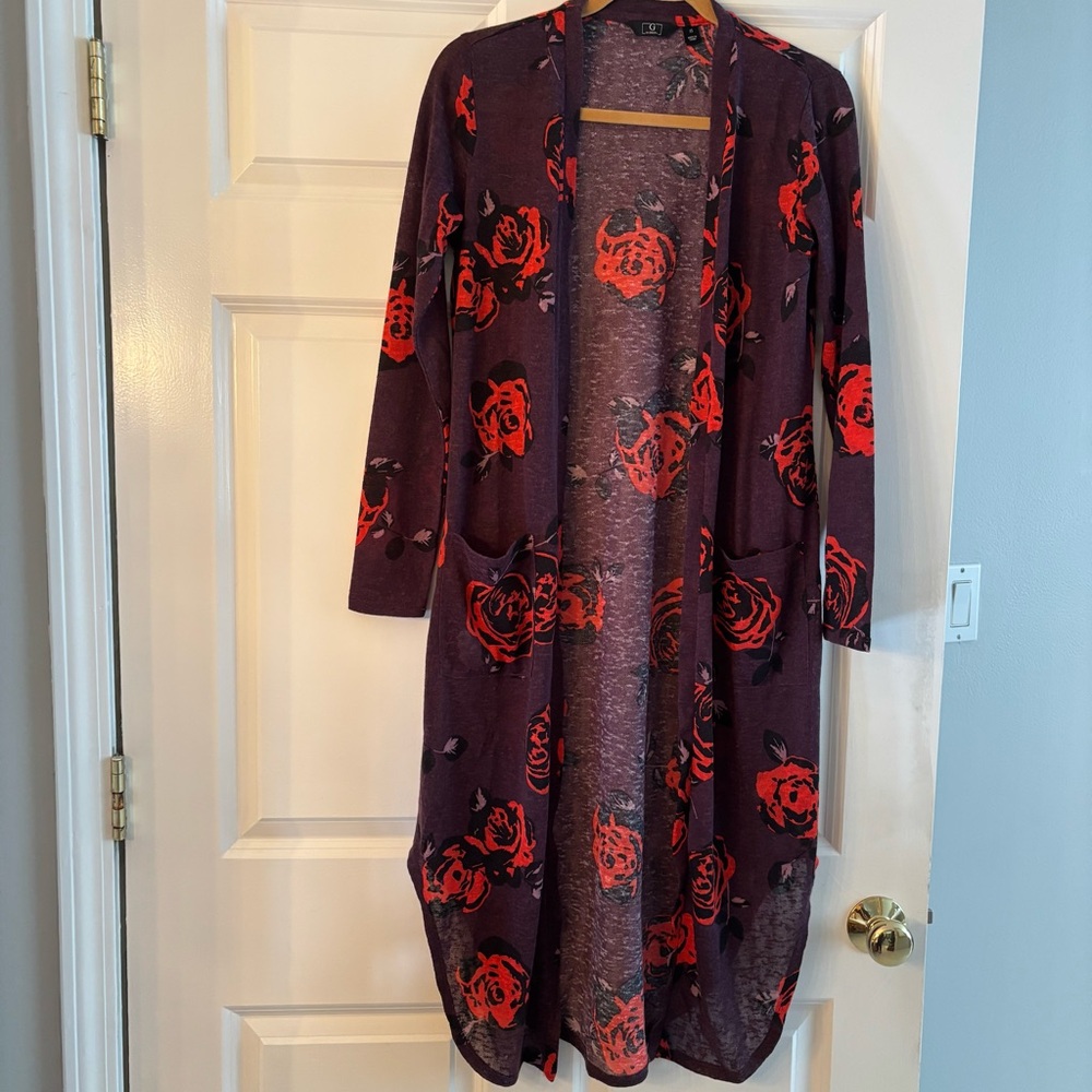 G by Giuliana Purple and Red Floral Duster Cardigan